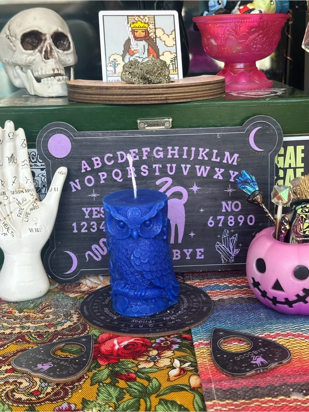 Blue Wise Owl Pillar Candle | Woodland Witch Decor